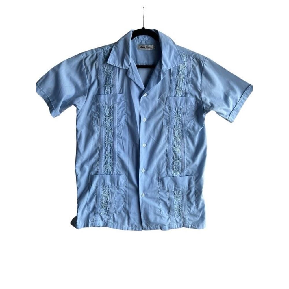 Silver Crest Mexican Cuban Guayabera Embroidered Baby Blue Size Medium 44" Chest